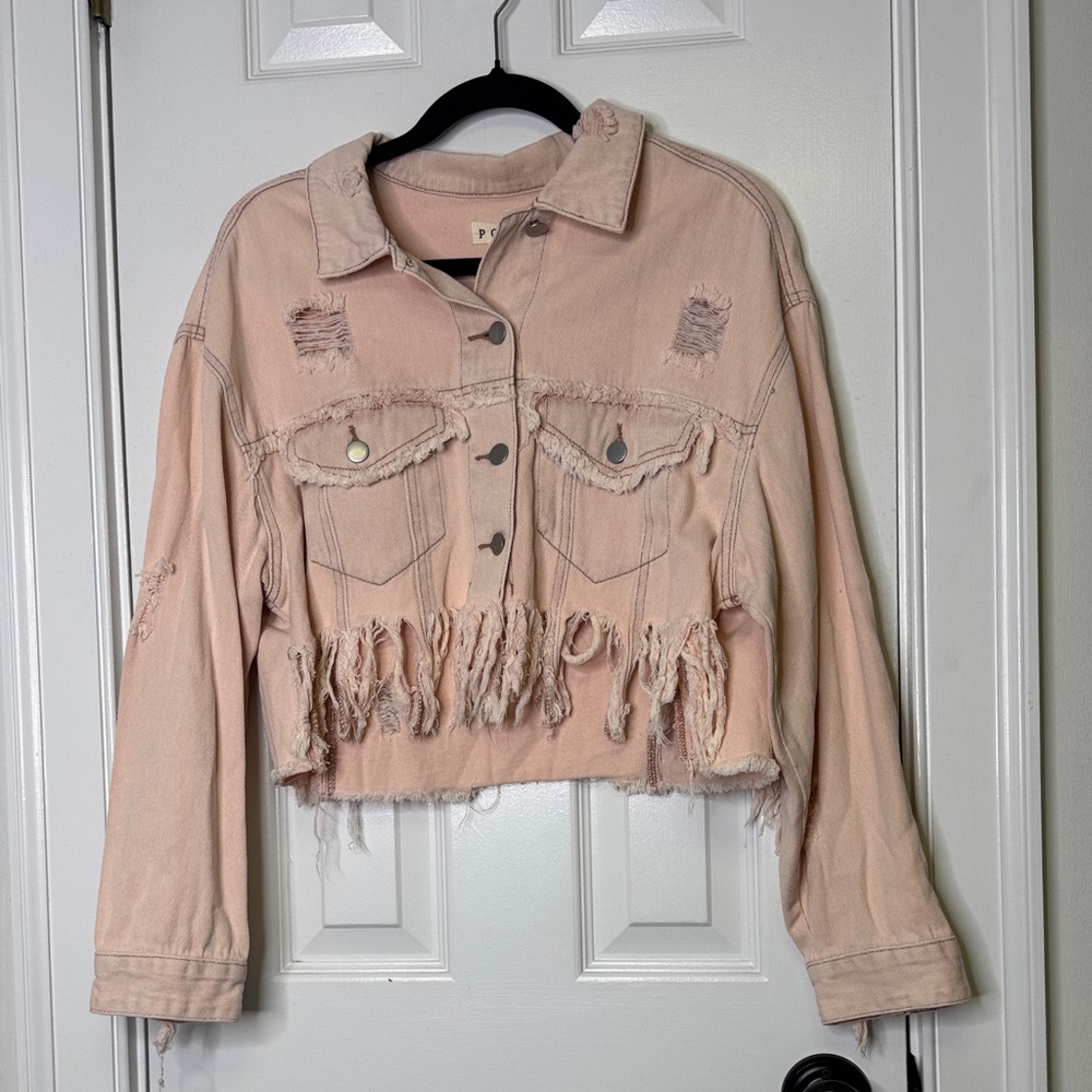 POL Pink Distressed Cropped Denim Jacket Small Frayed Hem Oversized - Picture 3 of 7